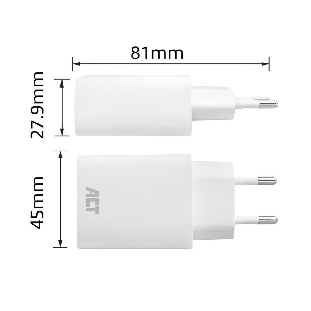 Act connectivity usb-c usb-a lader 65w 3-poorts met power delivery pps, quickcharge en ganfast (wit)