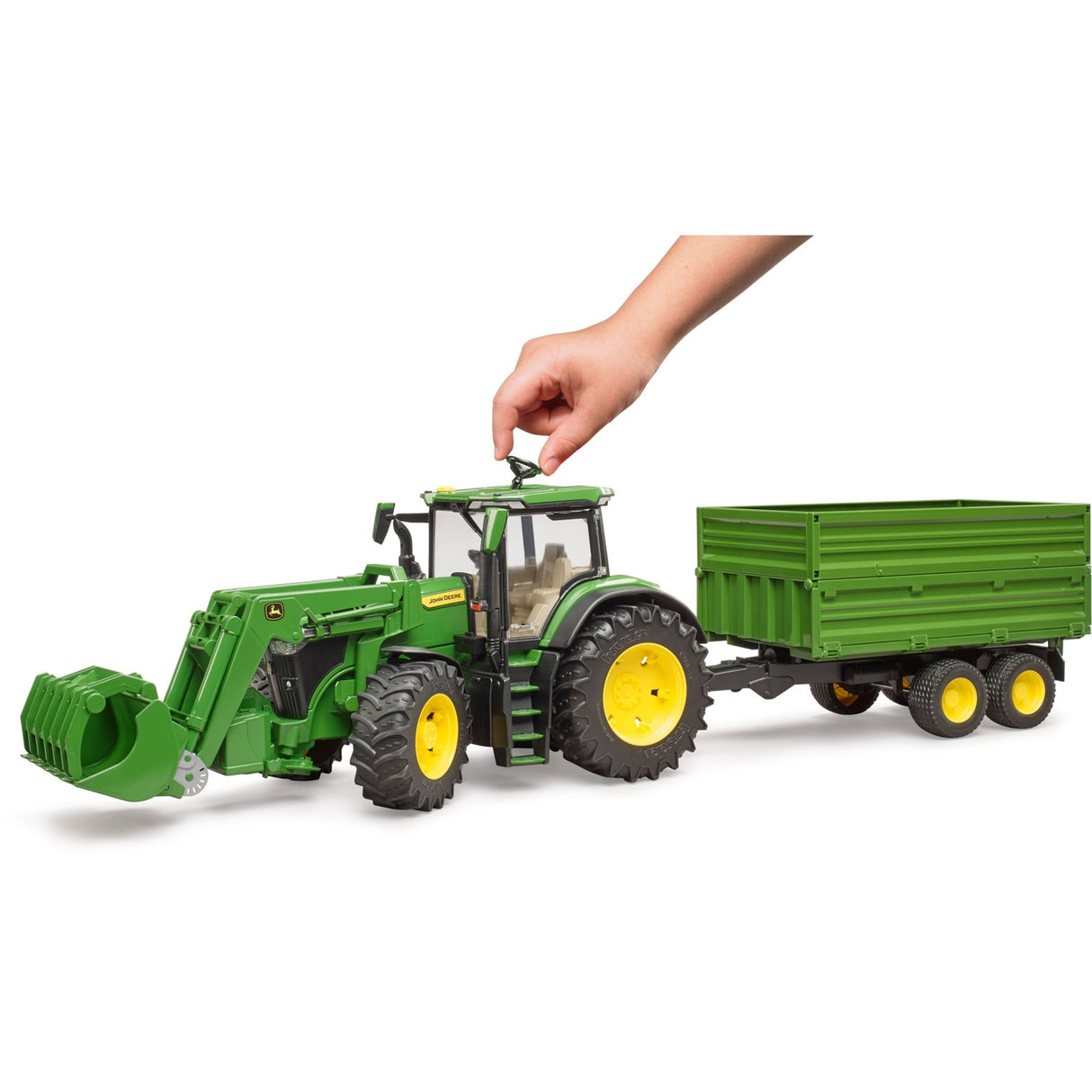 Bruder john deere 7r 350 met frontlader en transportaanhanger modelvoertuig (03155)
