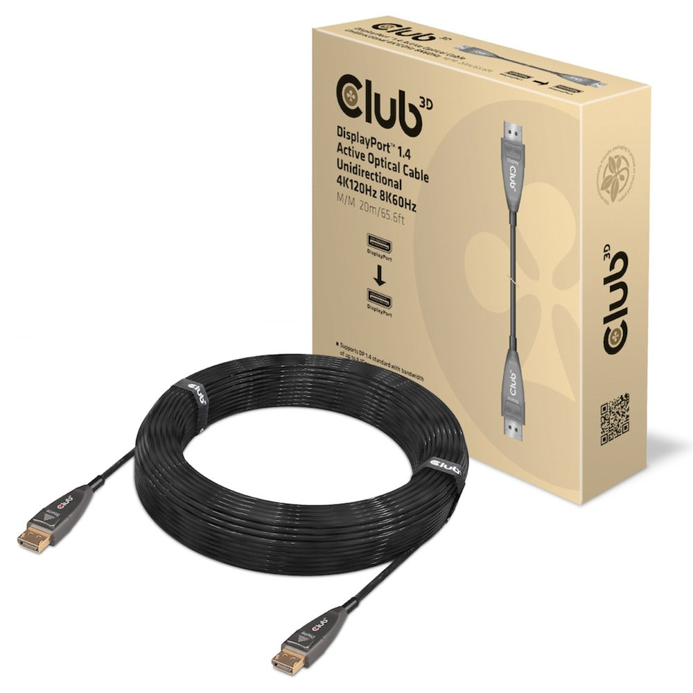 Club 3d actieve optische displayport 1.4 kabel (zwart, 20 meter, 8k)