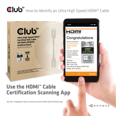 Club 3d ultra high speed aoc hdmi 2.1 gecertificeerde unidirectioneel kabel male-male (zwart, 20 meter, 4k 120hz, 8k 60hz, 48gbps)