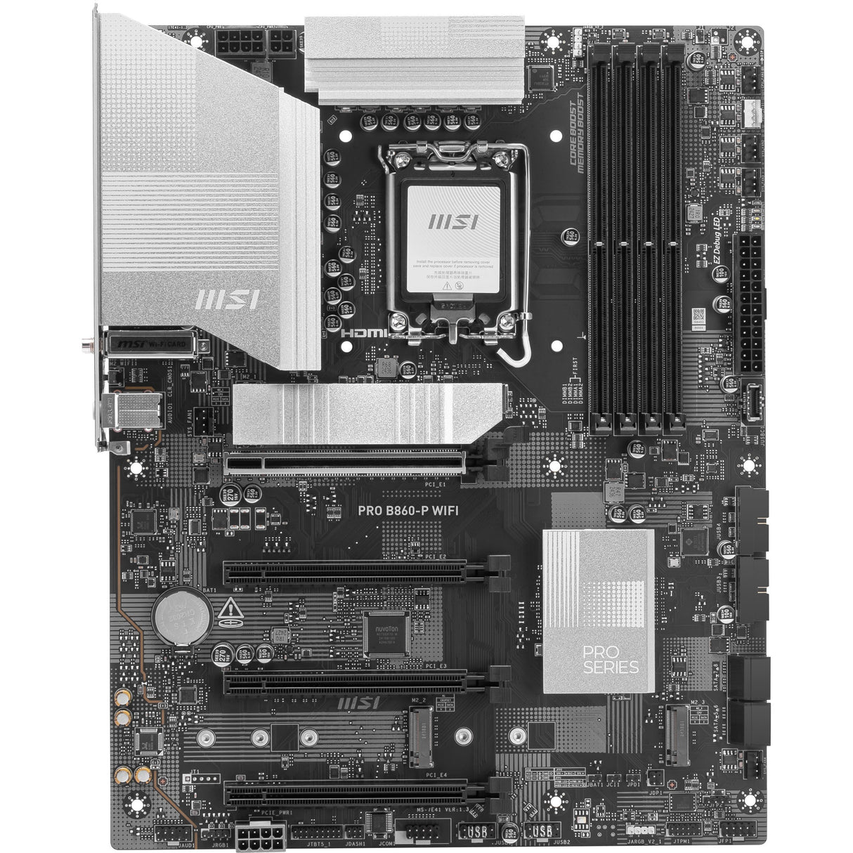 Msi pro b860-p wifi socket 1851 moederbord (zilver, raid, 5gb-lan, wi-fi 7, bt, sound, atx)