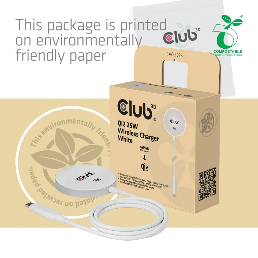 Club 3d cac-3026 qi2 25w draadloze oplader (wit, qi-gecertificeerd, magsafe-compatibel, magnetisch pad)