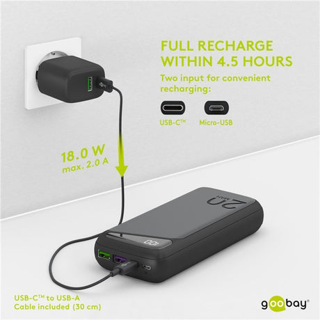 Goobay quick charge powerbank 20.000 mah - 74 wh (zwart, usb-c pd, qc 3.0)