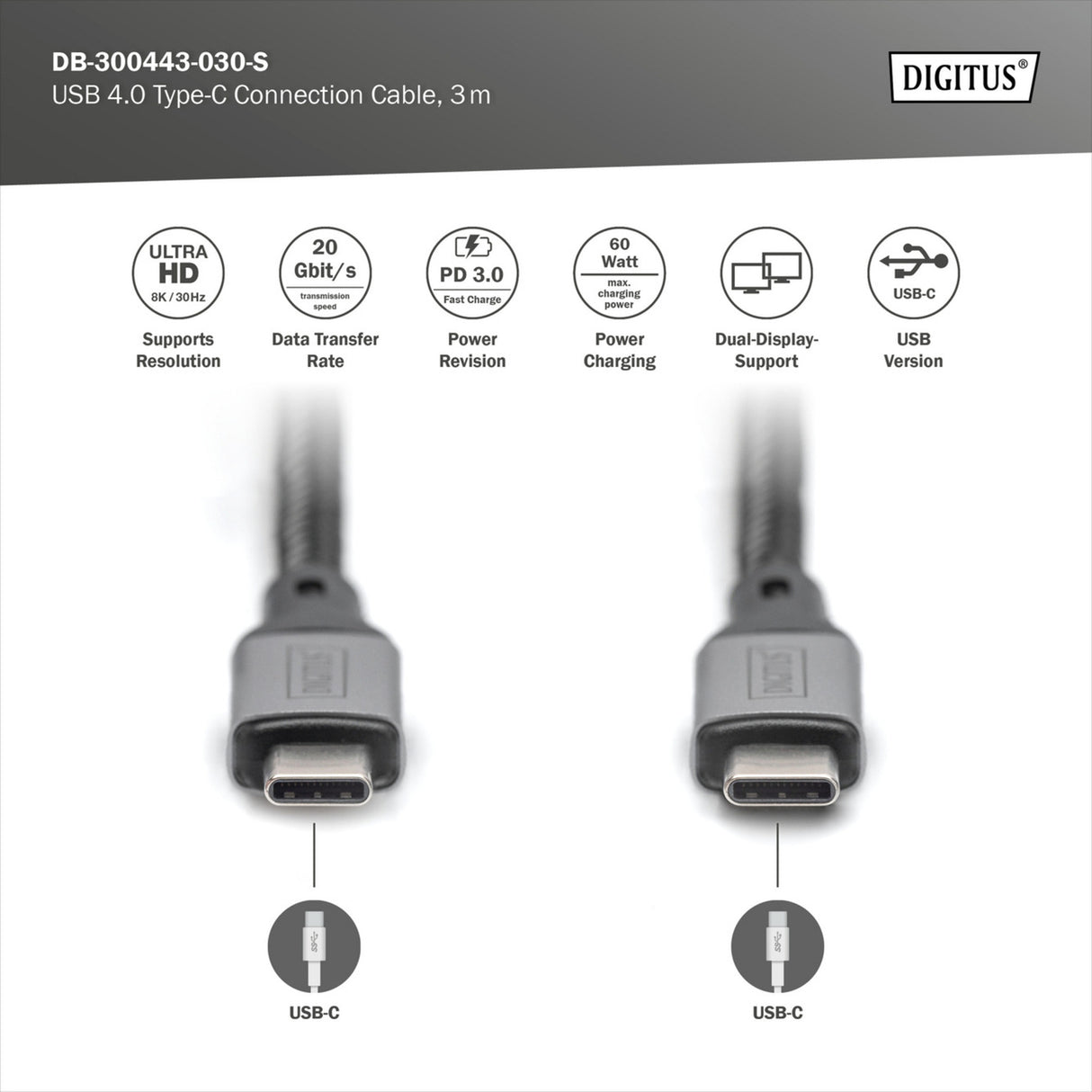 Digitus usb-c 4 gen2- usb-c-verbindingskabel (zwart grijs, 3 meter)