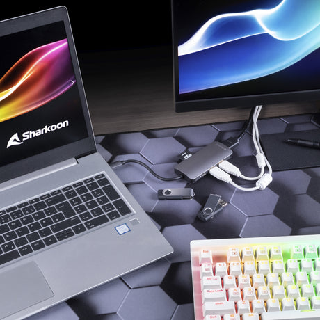 Sharkoon usb 3.0 type c multiport adapter dockingstation (donkergrijs, hdmi, usb-c 3.2 (5 gbit s), 3x usb-a 3.2 (5 gbit s), microsd, sd)