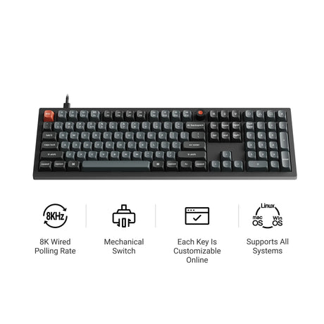 Keychron v6w-d1 8k qmk wired custom mechanical keyboard (zwart, us lay-out (qwerty), super red, 100%, rgb leds, double-shot pbt, hot swap, 8k, knop)