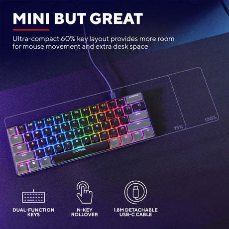 Trust gxt 867 acira 60% mini mechanisch gaming toetsenbord (zwart, us lay-out (qwerty), outemu red, 60%, rgb)