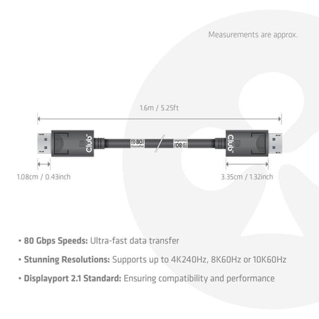 Club 3d displayport 2.1 vesa dp80 gecertificeerde kabel male-male (zwart, 1,6 meter, 8k 240hz, 10k 60hz, 80gbps)