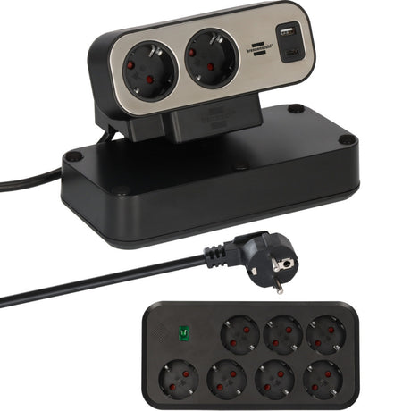 Brennenstuhl ®estilo duplex stekkerdoos met schakelaar en overspanningsbeveiliging (stekkerblok met usb c power delivery voor snel opladen, 1x usb c en 1x usb a, 9x contactdozen, 2m kabel)