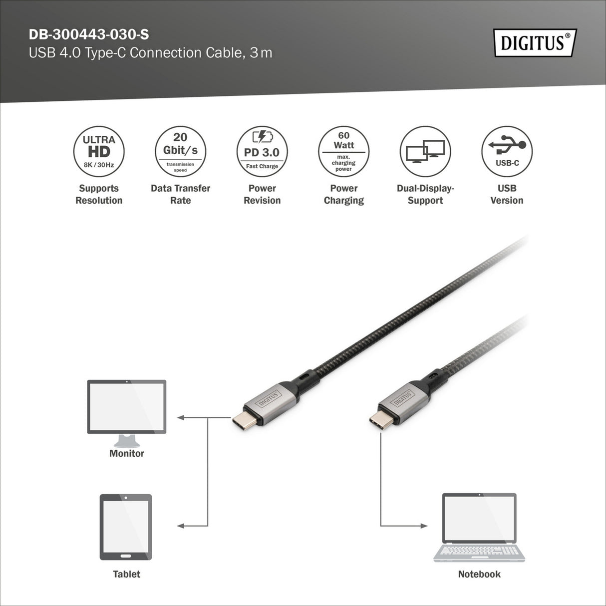Digitus usb-c 4 gen2- usb-c-verbindingskabel (zwart grijs, 3 meter)