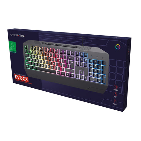 Trust gxt 836 evocx rgb gaming toetsenbord (zwart, us lay-out (qwerty), membraan, 100%, rgb)