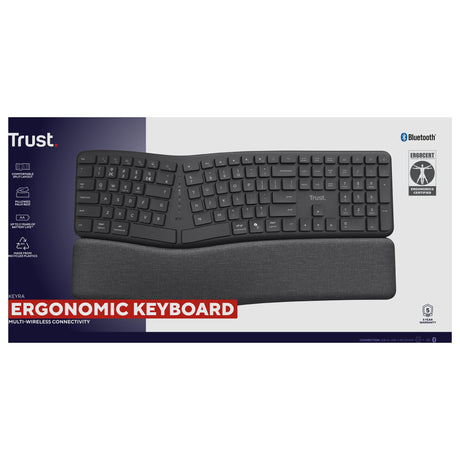Trust keyra ergonomisch draadloos toetsenbord (zwart, us lay-out (qwerty), 100%, 2.4 ghz usb | bluetooth)