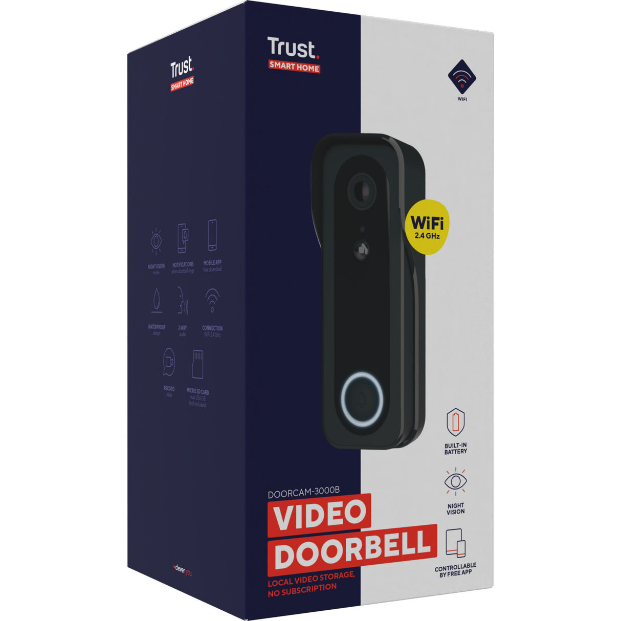 Trust draadloze video deurbel - doorcam-3000 - accu oplaadbaar met usb-c - 2k 3mp - geen abonnementskosten - inclusief chime - deurbel met camera - zwart