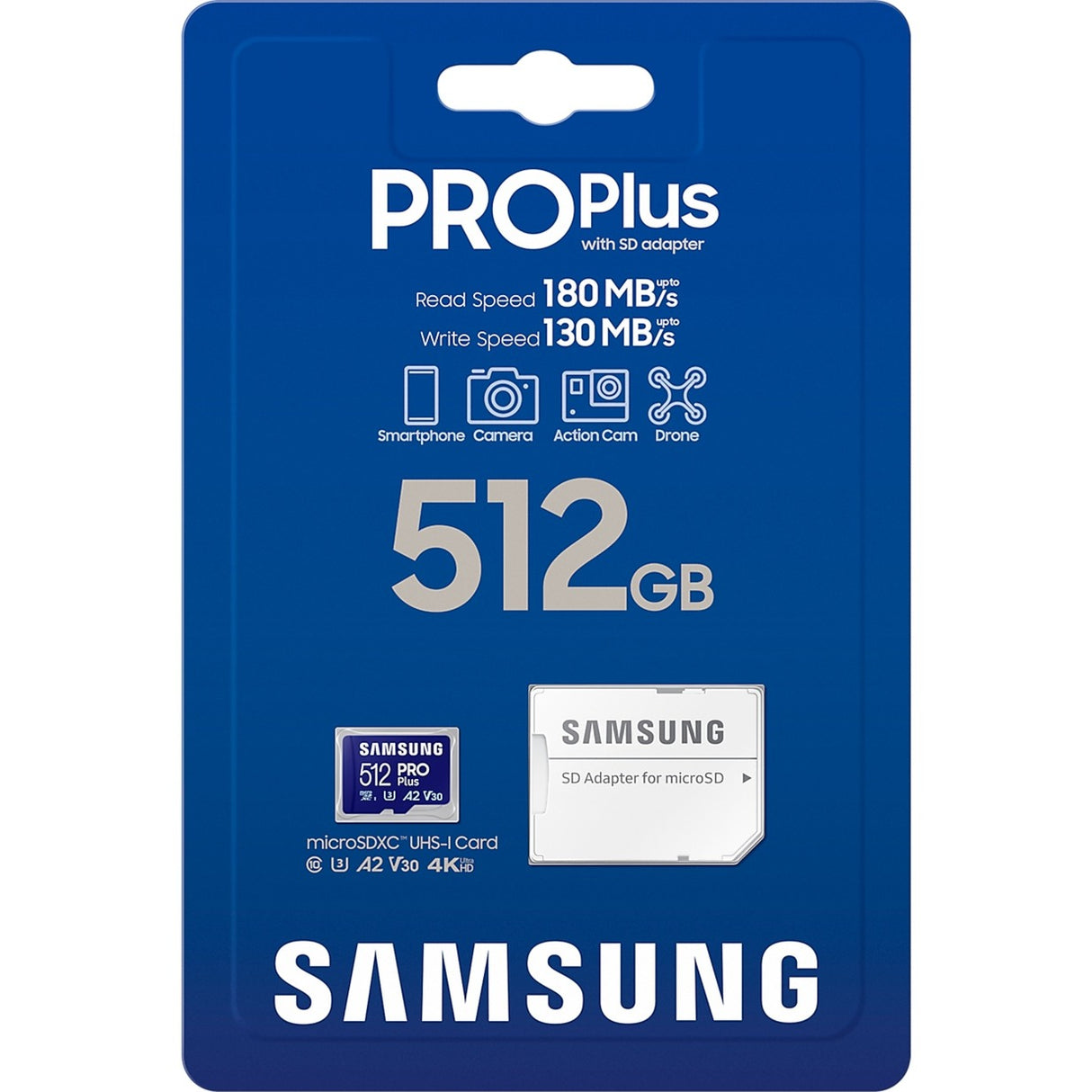 Samsung pro plus 512 gb microsdxc (2023) geheugenkaart (blauw, uhs-i u3, class 10, v30, a2)