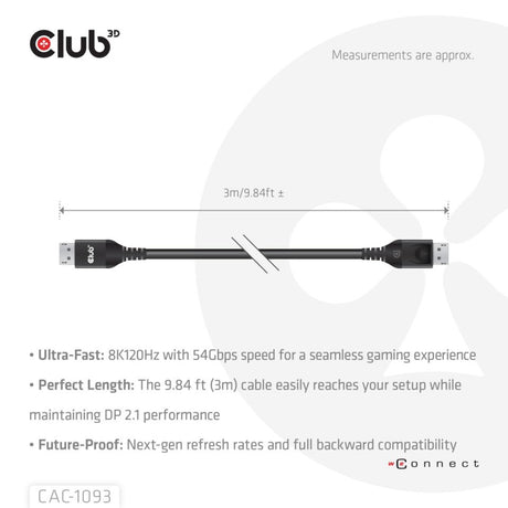 Club 3d gecertificeerde displayport 2.1 kabel (zwart, 3 meter, 8k)
