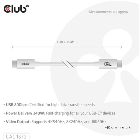 Club 3d usb-c 80gbps certified 240w 8k 240hz kabel (wit, 1.2m)