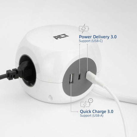 Act connectivity act stekkerdoos kubus met 3 stopcontacten, 30w power delivery usb-c a poorten, kabellengte 1,5m ac2425