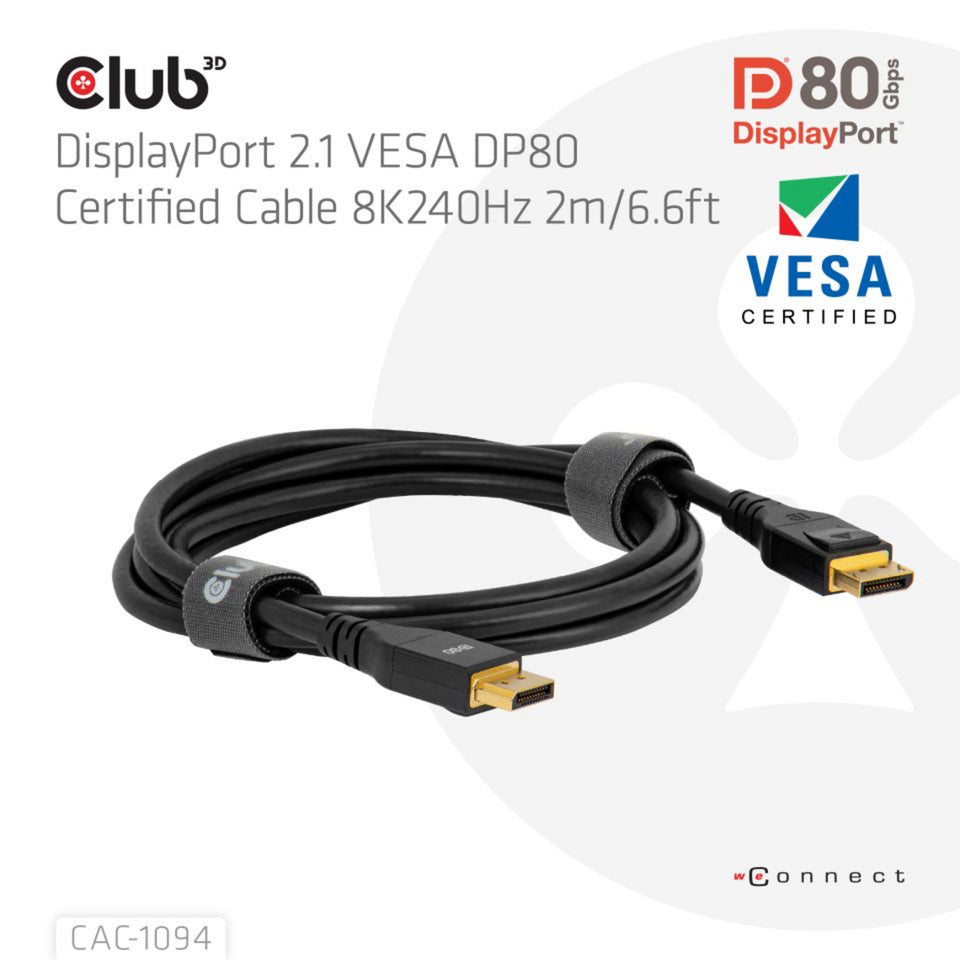 Club 3d gecertificeerde displayport 2.1 kabel (zwart, 2 meter, 10k)