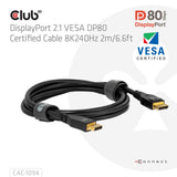 Club 3d gecertificeerde displayport 2.1 kabel (zwart, 2 meter, 10k)