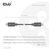 Club 3d thunderbolt 5 gecertificeerde 8k240hz kabel (zwart, data 80 120 gbps, epr 240 watt,1 meter)
