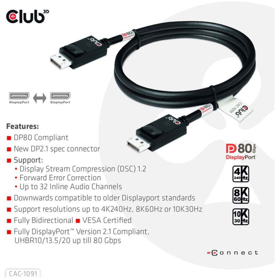 Club 3d gecertificeerde displayport 2.1 kabel (zwart, 1,2 meter, 8k)