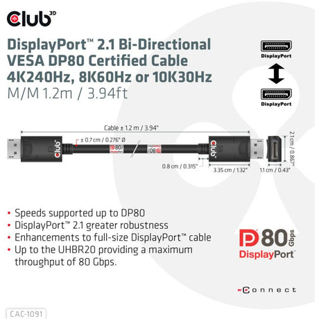 Club 3d displayport 2.1 vesa dp80 gecertificeerde kabel male-male (zwart, 1,2 meter, 4k 240hz, 8k 60hz, 80gbps)