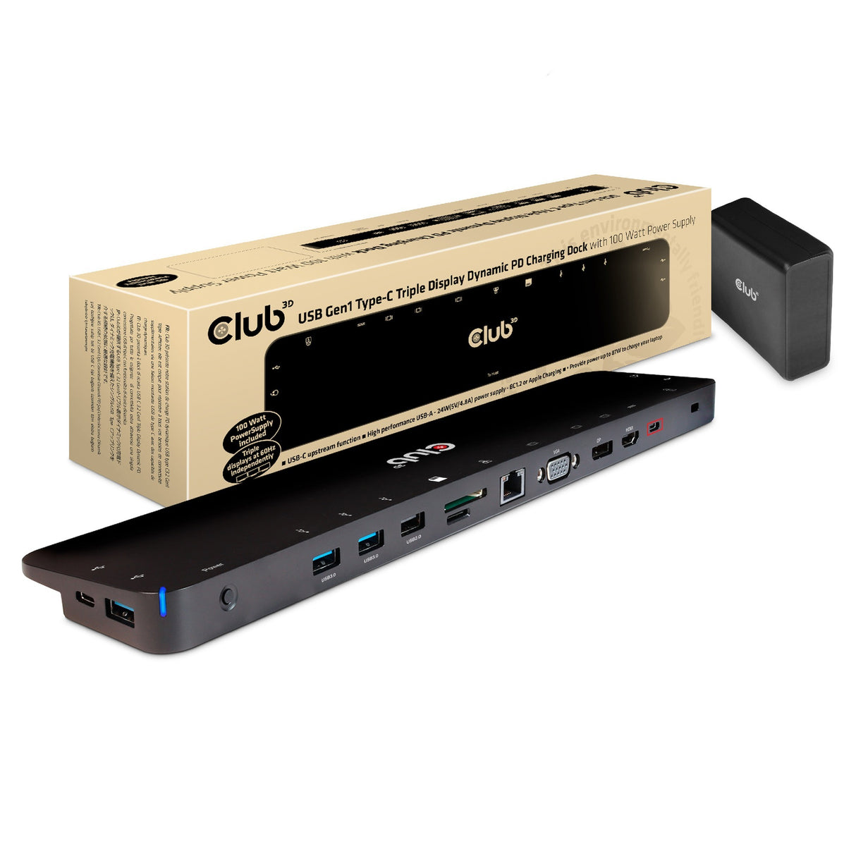 Club 3d usb-c 3.2 gen1 triple display dynamic pd dockingstation (zwart, 100 w)