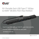 Club 3d 10-1 portable dock usb type-c 10gbps to hdmi 8k30hz pd3.1 max.140 watt dockingstation (zwart, hdmi, usb-c, lan)