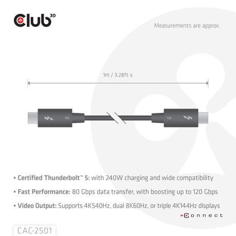 Club 3d gecertificeerde thunderbolt 5 kabel (zwart, 1 meter, 240 w)