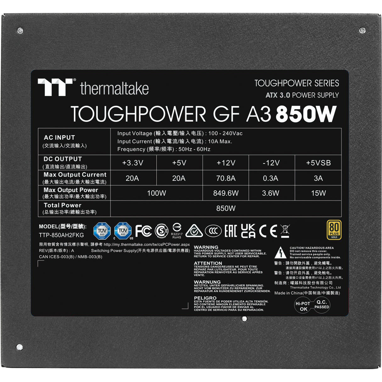Thermaltake toughpower gf a3 gold - tt premium edition modulaire 850 watt voeding (zwart, 4x pcie)