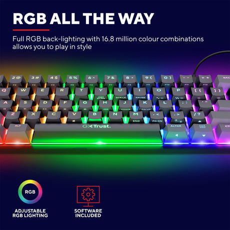 Trust gxt 867 acira 60% mini mechanisch gaming toetsenbord (zwart, us lay-out (qwerty), outemu red, 60%, rgb)