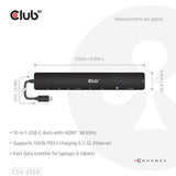 Club 3d 10-1 portable dock usb type-c 10gbps to hdmi 8k30hz pd3.1 max.140 watt dockingstation (zwart, hdmi, usb-c, lan)
