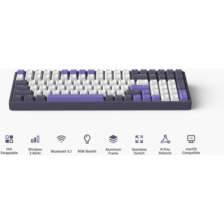 Iqunix f97 lavandin wireless mechanical keyboard (lavendel, us lay-out (qwerty), cherry mx brown, 96%, rgb leds, hot-swappable, pbt, 2.4ghz | bluetooth 5.1 | usb-c)