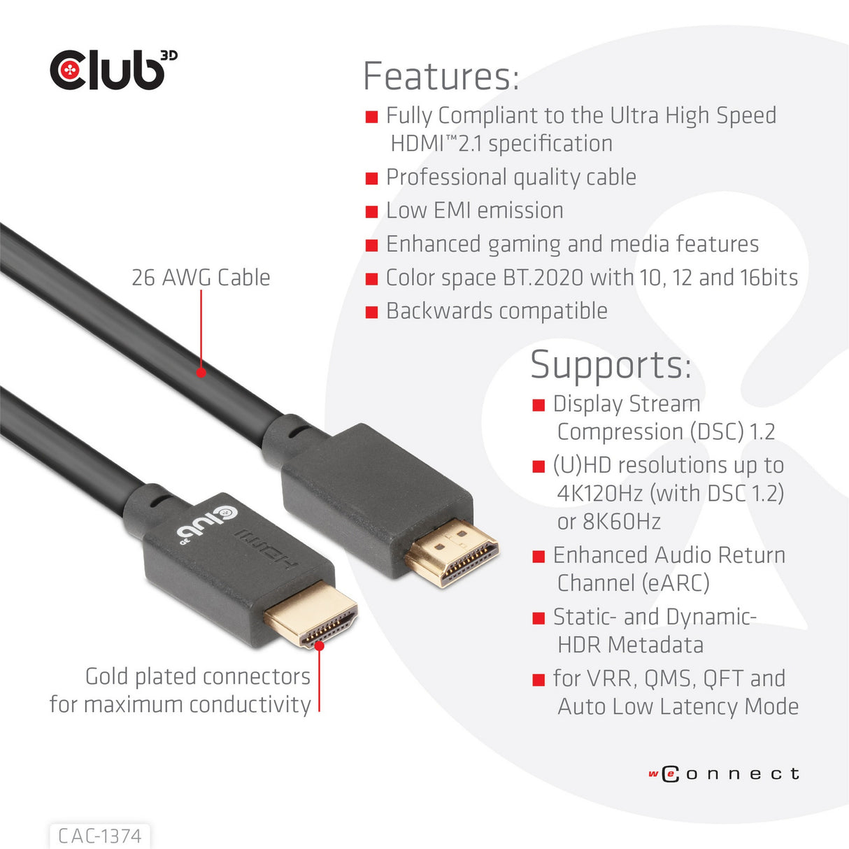 Club 3d ultra high speed hdmi 2.1 male-male kabel (zwart, 4 meter, 4k 120hz, 8k 60hz, 48gbps)
