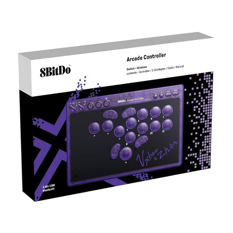 8bitdo arcade controller - transparent purple signature edition (paars transparant, 2.4 ghz bluetooth usb, nintendo switch 1 + 2, pc)