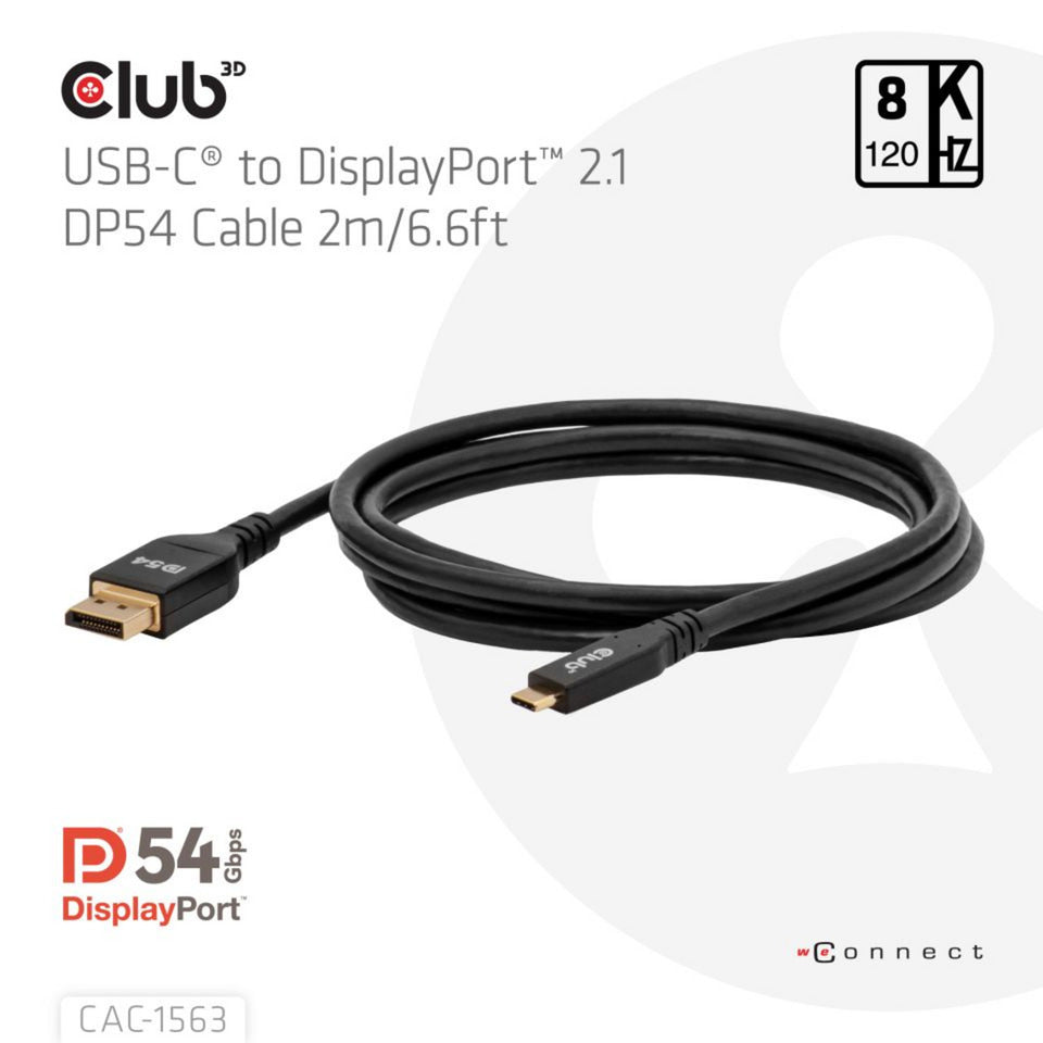 Club 3d usb-c naar displayport 2.1 kabel (zwart, 2 meter)