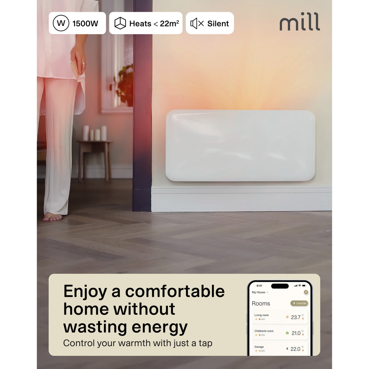 Mill steel wifi paneelverwarming pa1500wifi4a, 1500 watt convector (wit, wifi 2,4 ghz (wifi 6), bluetooth 5.2, zigbee 3.0 + app)