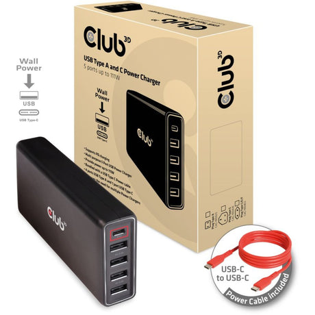 Club 3d 111w power delivery oplader (zwart, 1x usb-c, 4x usb-a)