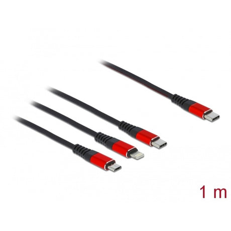 Delock usb-oplaadkabel 3-in-1 usb-c naar lightning + micro usb + usb-c (zwart rood, 1 meter)