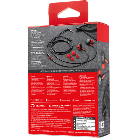Powera bedrade oordopjes voor nintendo switch 2 in-ear (zwart rood, nintendo switch 2, nintendo switch, nintendo switch - oled model, nintendo switch lite)