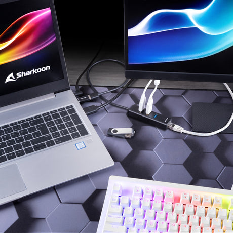 Sharkoon 3-port usb 3.2 gen 1 aluminium + gigabit lan dockingstation (zwart)