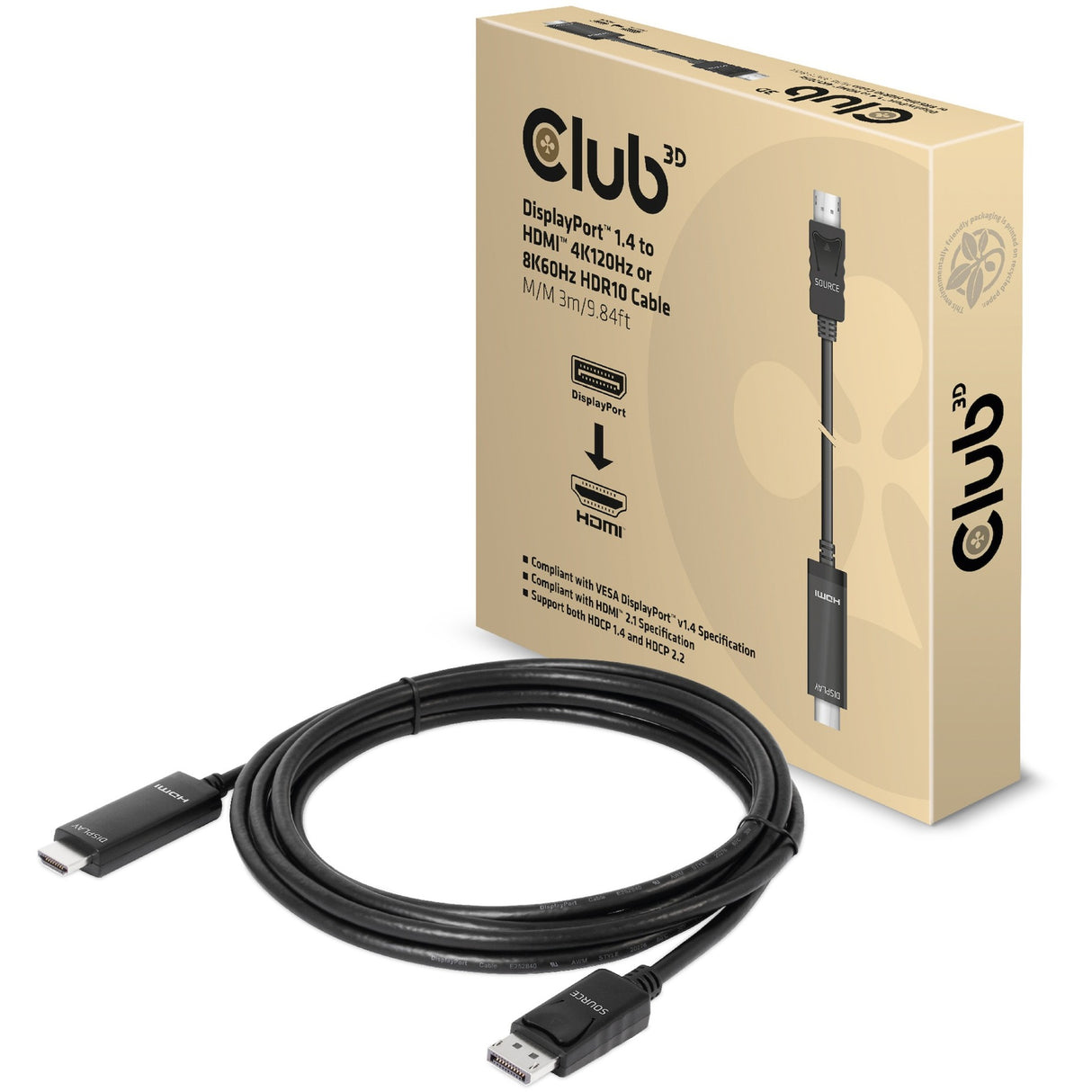 Club 3d displayport 1.4 naar hdmi kabel (zwart, 3 meter, 4k 120hz, 8k 60hz)