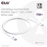 Club 3d usb-c 80gbps certified 240w 8k 240hz kabel (wit, 1.2m)
