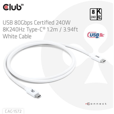 Club 3d usb-c 80gbps certified 240w 8k 240hz kabel (wit, 1.2m)