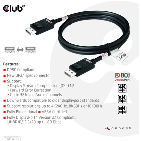 Club 3d displayport 2.1 vesa dp80 gecertificeerde kabel male-male (zwart, 1,2 meter, 4k 240hz, 8k 60hz, 80gbps)