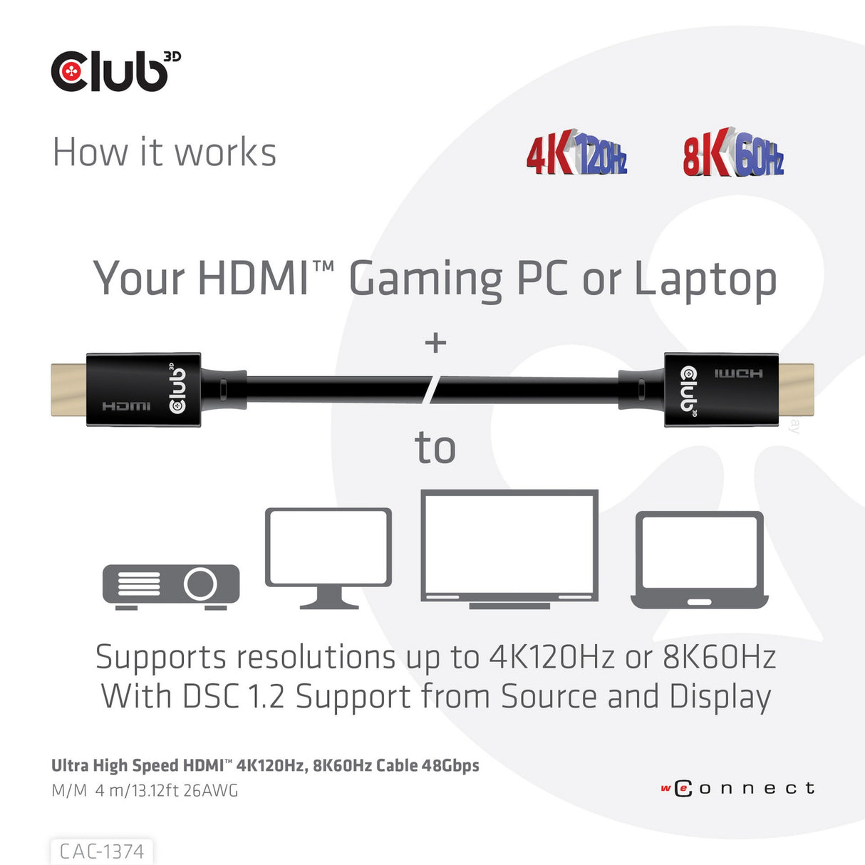 Club 3d ultra high speed hdmi 2.1 male-male kabel (zwart, 4 meter, 4k 120hz, 8k 60hz, 48gbps)