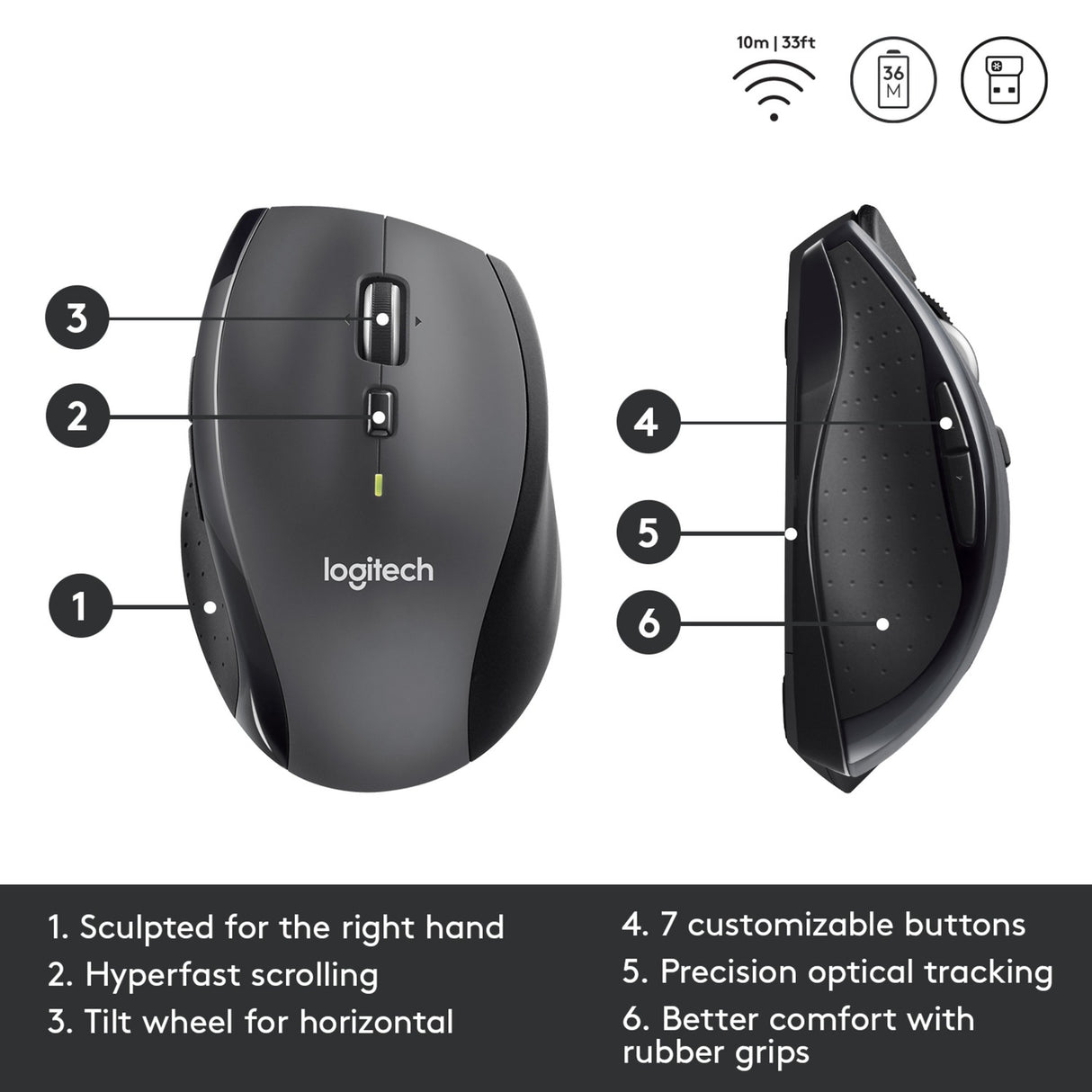 Logitech m705 wireless marathon mouse (antraciet, 1000 dpi)