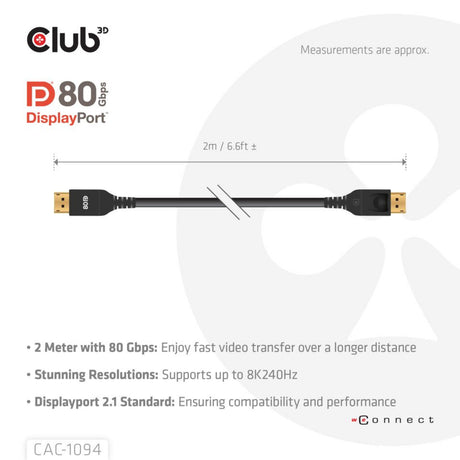 Club 3d gecertificeerde displayport 2.1 kabel (zwart, 2 meter, 10k)