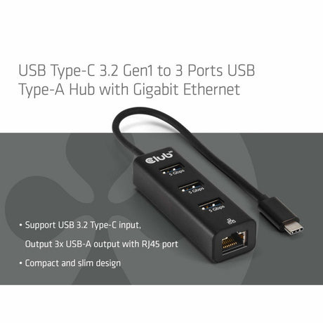 Club 3d usb-c 5 gbps naar 3 poorten usb type-a-hub met gigabit ethernet adapter (zwart)