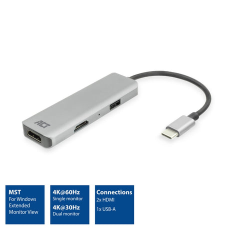 Act connectivity usb-c 4k multiport adapter voor 2 hdmi schermen, usb-a datapoort (aluminium)